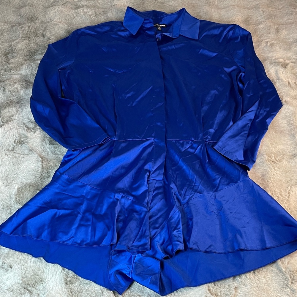Fashion Nova Royal Blue Satin Long Sleeve Button Down Romper 1X NWT-0688 - Picture 2 of 6